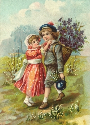 Meisje vind jongen lief met viooltjes Reliefkaart EF 3032
