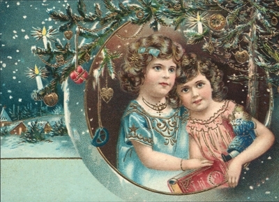 Kerst meisjes in sneeuw met kerstboom Reliefkaart EF 3001