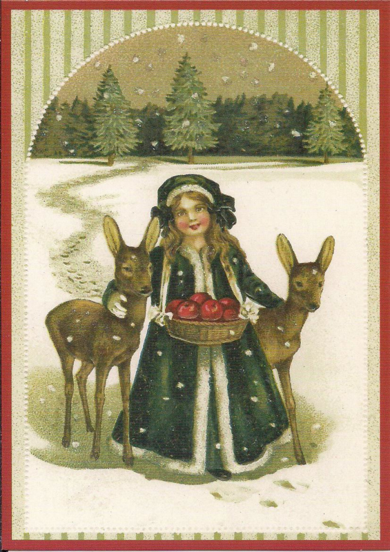 Hertjes met meisje in de sneeuw Glitter prentbriefkaart [SV 6Wg009]
