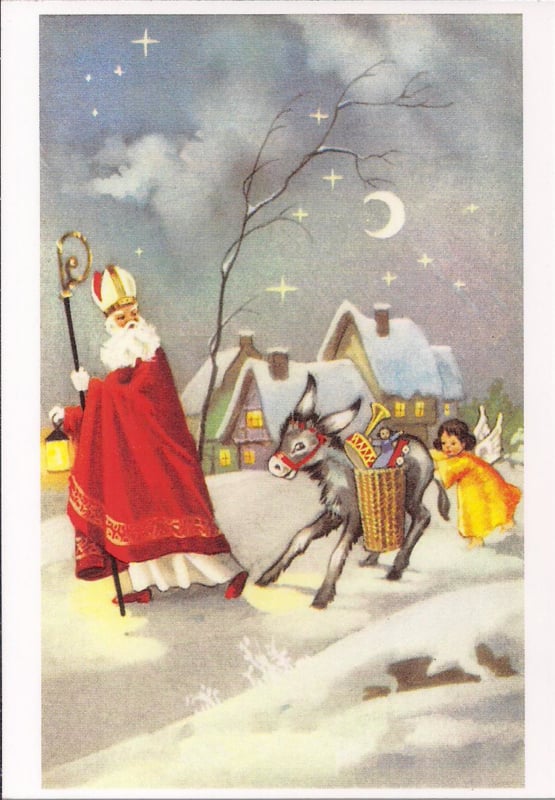 Sinterklaas met engeltje in de sneeuw prentbriefkaart [A91875]