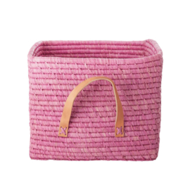 Rice Raffia Square Basket with Leather Handles - Pink - werkelijke kleur is donkerder