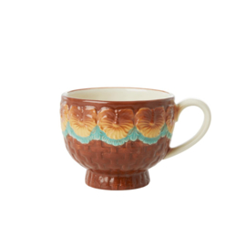 Rice Ceramic Mug with Embossed Brown Flower Design