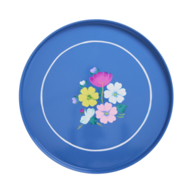 Rice Metal Round Tray with Flower - Blue