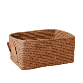 Rice Raffia Rectangular Basket with Leather Handles - Tea
