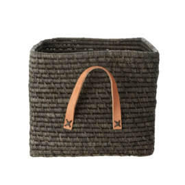 Rice Raffia Square Basket with Leather Handles - Dark Grey - kleur in werkelijk iets lichter