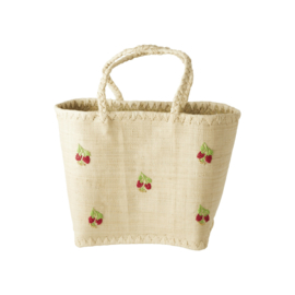 Rice Raffia Bag in Natural with Red Flowers Embroidy - Medium