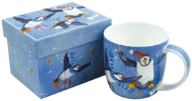 Emma Ball Mug with Gift Box - Christmas Puffins -mok met rond oor-
