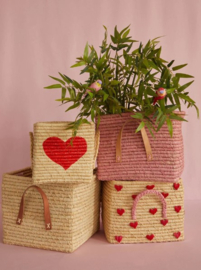 Rice Raffia Square Basket with Leather Handles - Soft Pink -