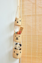 Rice Raffia 3 Tier Hanging Storage Basket - Animal Faces - Natural