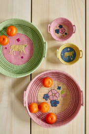 Rice Raffia Mini Basket with Flower Embroidery - Pink