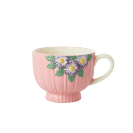 Rice Ceramic Mug with Embossed Pink Flower Design