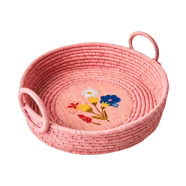 Rice Raffia Bread Basket with Flower Embroidery - Pink