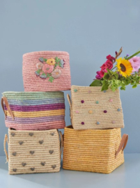 Rice Raffia Square Basket with Hand Embroidered Dots 'Dance it Out'- Natural