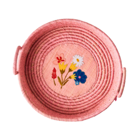 Rice Raffia Bread Basket with Flower Embroidery - Pink