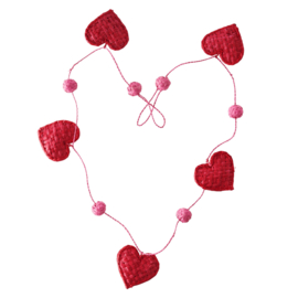Rice Raffia Garland  with Red Hearts and Pink Balls - 120 cm