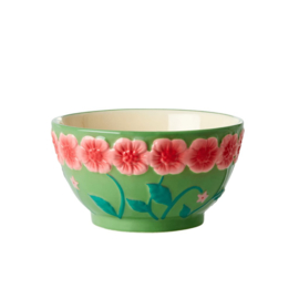 Rice Small Ceramic Bowl with Embossed Flower Design - Green