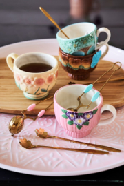 Rice Ceramic Mug with Embossed Brown Flower Design