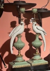 Meander Kandelaar Papegaai Wit-Groen -messing & porselein-