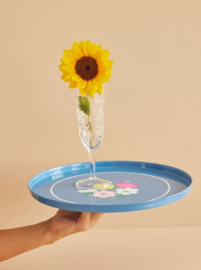 Rice Metal Round Tray with Flower - Blue