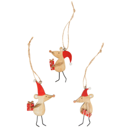 Sass & Belle Christmas Mice Wooden Hanging Decoration Assorted -Set of 3-
