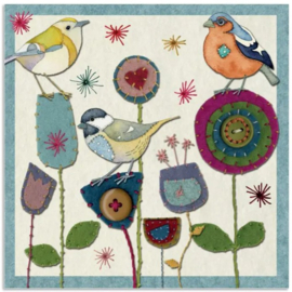 Emma Ball Greeting Card - Stitched Birdies on Flowers