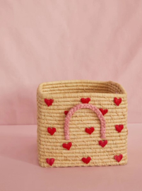 Rice Raffia Square Basket with Hand Embroidered Hearts - Natural