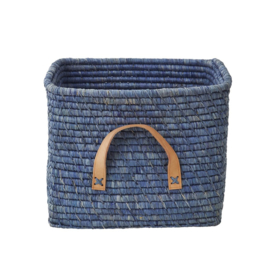 Rice Raffia Square Basket with Leather Handles - Blue
