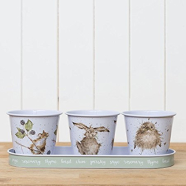 Wrendale Herb Pots and Tray -owl, hare, mouse-