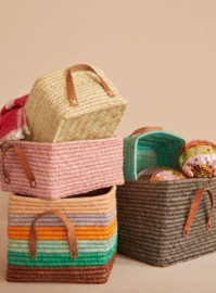 Rice Raffia Rectangular Basket with Leather Handles - Nature