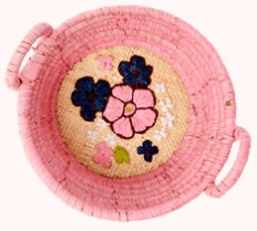 Rice Raffia Mini Basket with Flower Embroidery - Pink