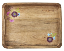 Rice Wooden Tray with Handpainted Flowers - Pink, Blue and Aubergine