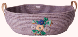 Rice Raffia Big Oval Basket with Embroidered Flowers and Leather Handles - Lavender