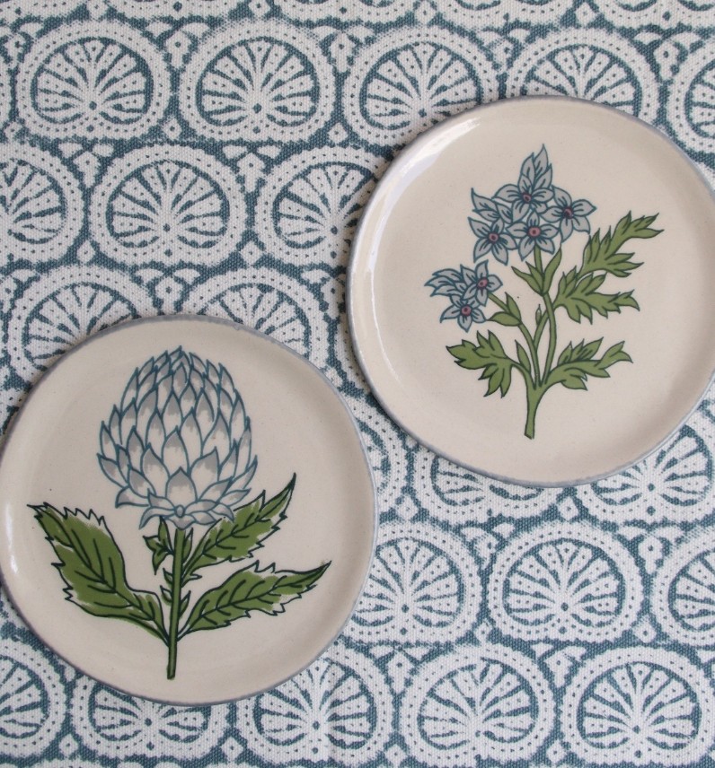 Rozablue Set van 2 Bloemen Bordjes - handgemaakt - blauw
