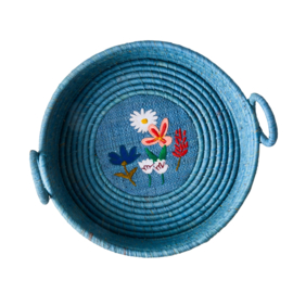 Rice Raffia Bread Basket with Flower Embroidery - Blue