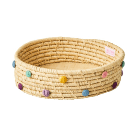 Rice Raffia Bread Basket with Dot Embroidery 'Dance it Out' - Medium