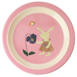 Rice Melamine Kids Plate with Pink Bunny Print -bord met verdieping-