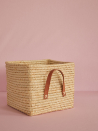 Rice Raffia Square Basket with Leather Handles - Natural