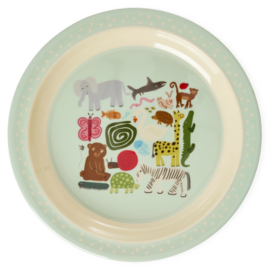 Rice Melamine Kids Plate - Wildlife Print - Mint -bord met verdieping-