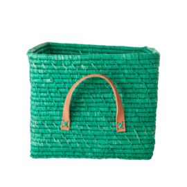 Rice Raffia Square Basket with Leather Handles - Green