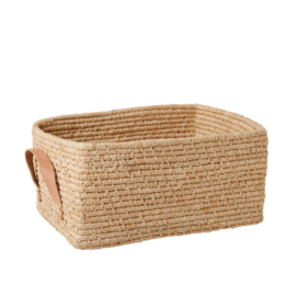 Rice Raffia Rectangular Basket with Leather Handles - Nature