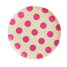 Rice Melamine Plate - Cream with Fuchsia Dots Print