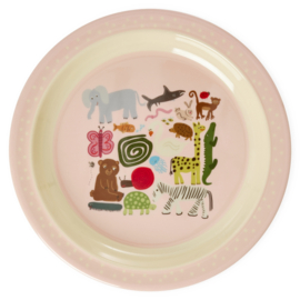 Rice Melamine Kids Plate - Wildlife Print - Pink -bord met verdieping-