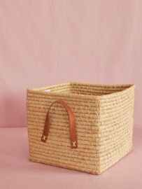 Rice Raffia Square Basket with Leather Handles - Natural