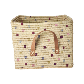 Rice Raffia Square Basket with Leather Handles - 'Viva La Vida' Dots