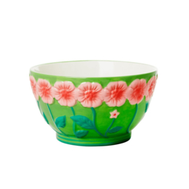 Rice Medium Ceramic Bowl with Embossed Flower Design - Green