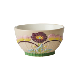 Rice Small Ceramic Bowl with Embossed Flower Design - Soft Sand
