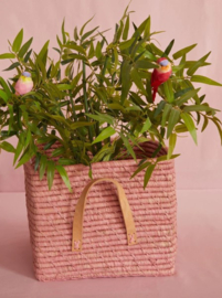 Rice Raffia Square Basket with Leather Handles - Soft Pink -