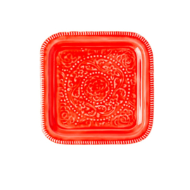 Rice Metal Square Tray with Embossed Details - Red