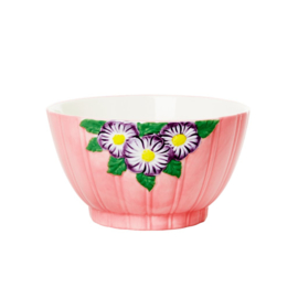 Rice Medium Ceramic Bowl with Embossed Flower Design - Pink