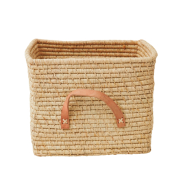 Rice Raffia Square Basket with Leather Handles - Natural